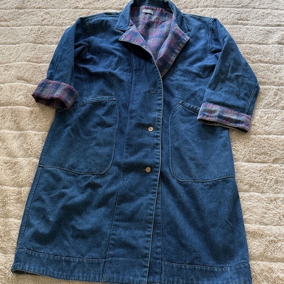 Vintage 80’s Denim Long Duster Blue Pink Plaid Lined Long Coat Sz L Jean Heavy - Picture 7 of 17